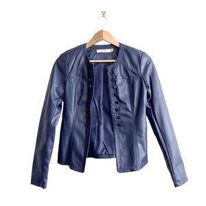 JustFab Womens Faux Leather Button Detail Cropped Jacket Navy Blue XS